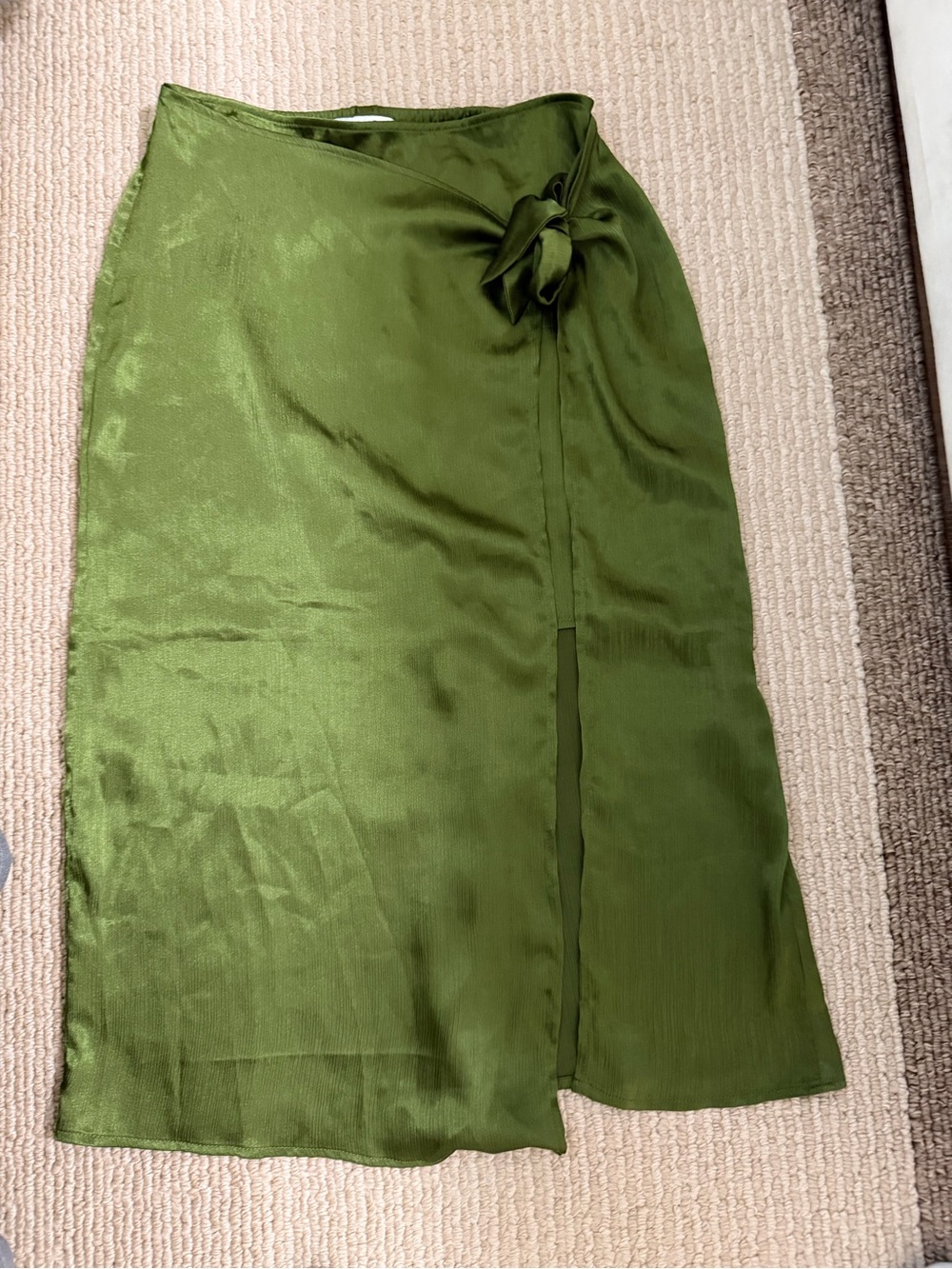 Olive Green Satin Tie-Front Midi Skirt